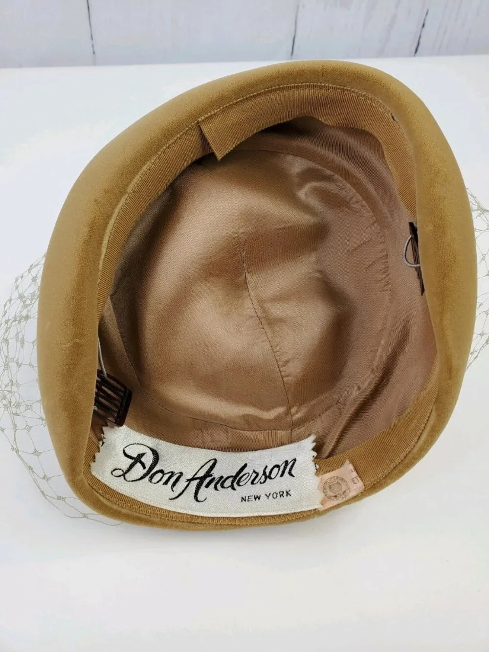 1960s Taupe Velvet Don Anderson Pillbox Hat w/ Floral Decor on Top & Netting